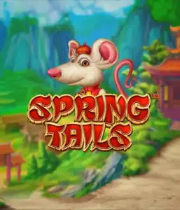 A whimsical illustration of a white rat wearing a red traditional Chinese outfit standing in a picturesque landscape with mountains. The image represents the Spring Tails Slot by Betsoft, showcased with bold gold and red logo lettering.